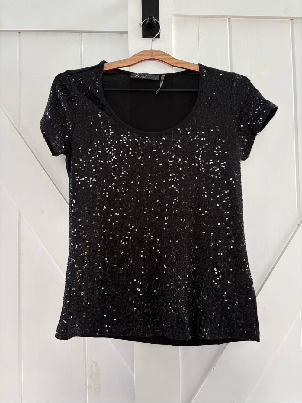 Kiara Sequin Black Short-Sleeve Scoop Neck 100% Cotton Top
